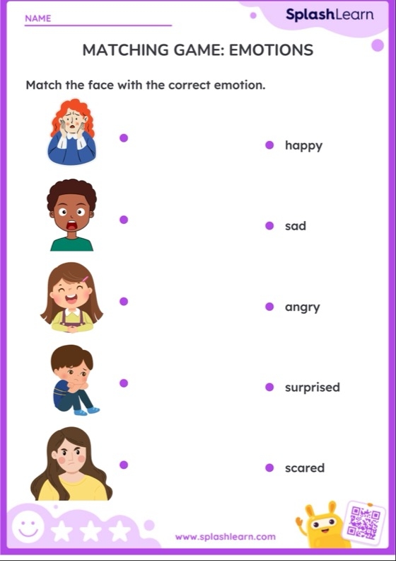 Worksheet featuring synonym matching for "Happy" and "Excited" emotions