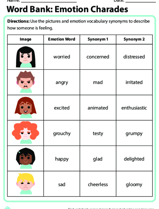 Children matching synonyms in a Happy or Excited? worksheet for fourth graders