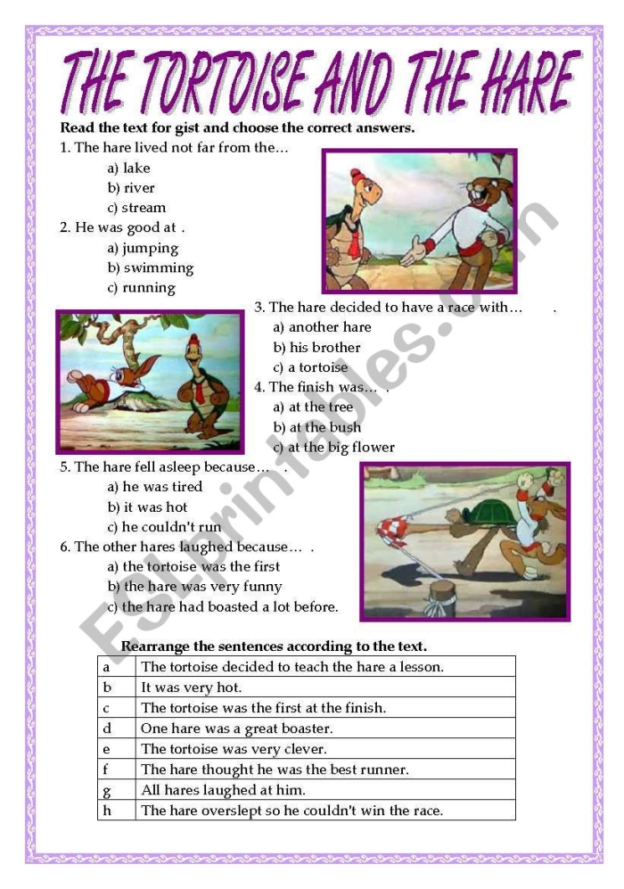 The Hare and the Tortoise educational activity for kindergarten students A colorful worksheet featuring the race between the tortoise and the hare from Aesop's fable