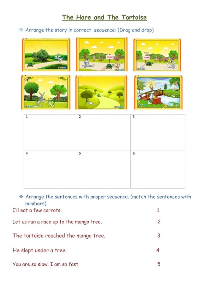 The Hare and the Tortoise worksheet visual for kindergarten learners Colorful illustration of a tortoise and a hare racing in a vibrant landscape