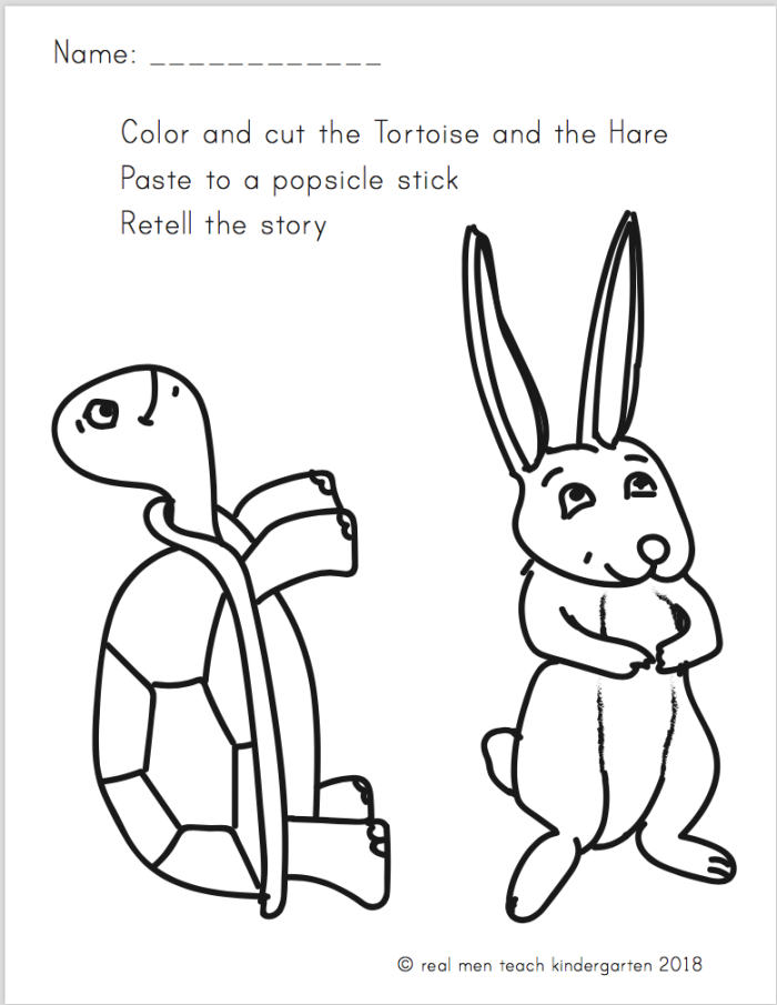 Colorful puppet templates for "The Hare and the Tortoise" story worksheet