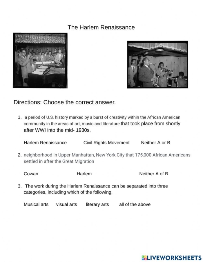 Ideas of the Harlem Renaissance Educational Worksheet for 3rd Grade Third grade worksheet about the cultural and artistic impact of the Harlem Renaissance