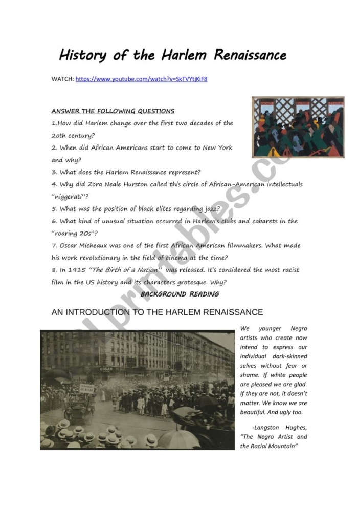 Ideas of the Harlem Renaissance worksheet for third grade history and art students Third grade students studying the cultural history and artists of the Harlem Renaissance with an educational worksheet