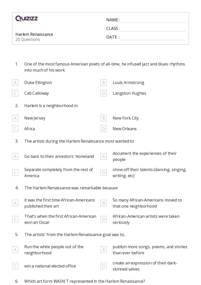 Ideas of the Harlem Renaissance Educational Worksheet Number Eleven Third grade worksheet showing illustrations and facts about Harlem Renaissance artists and cultural history