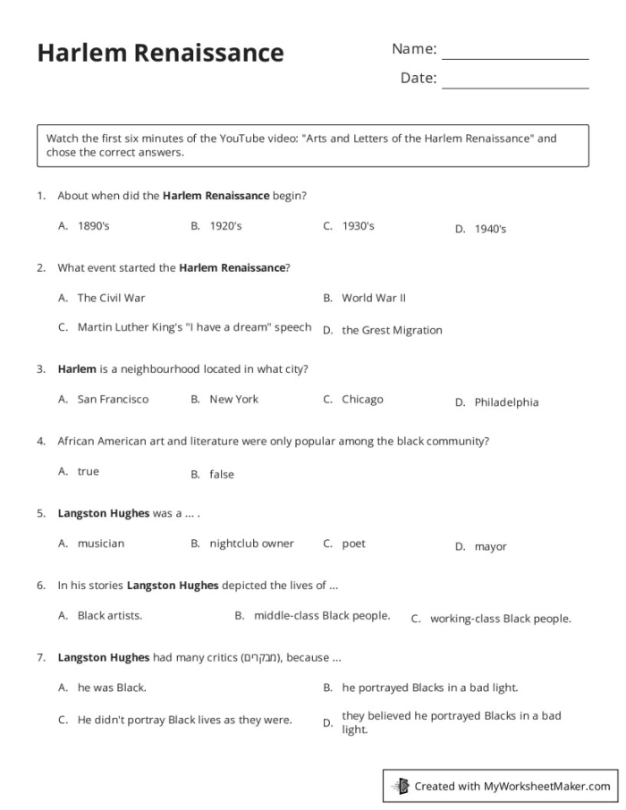 Ideas of the Harlem Renaissance worksheet image showing key figures and artistic movements from this important cultural period Third grade students learning about Harlem Renaissance artists and cultural contributions through an educational worksheet activity