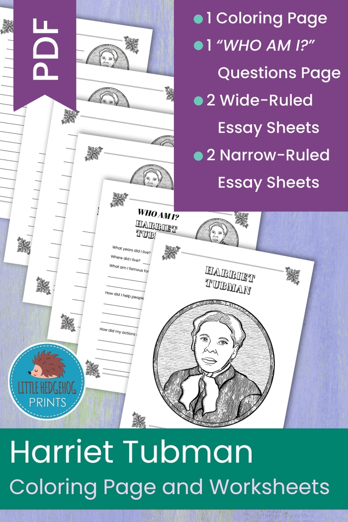 Coloring page featuring Harriet Tubman, a key figure in the Abolitionist movement and Civil War era Harriet Tubman coloring page worksheet for second graders learning U.S. history