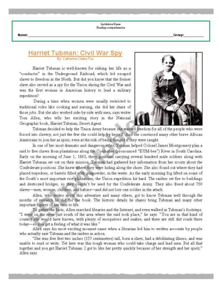 Third grade math worksheet featuring a historical biography of Harriet Tubman and place value practice problems