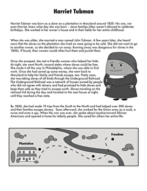 Third grade math worksheet featuring a historical biography of Harriet Tubman to practice place value skills