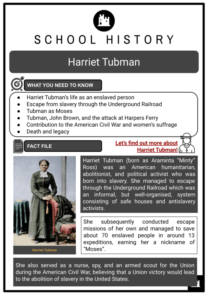 ALT text: Third grade worksheet featuring Harriet Tubman's heroic journey from slavery to freedom, helping students learn about this historical figure while practicing place value skills