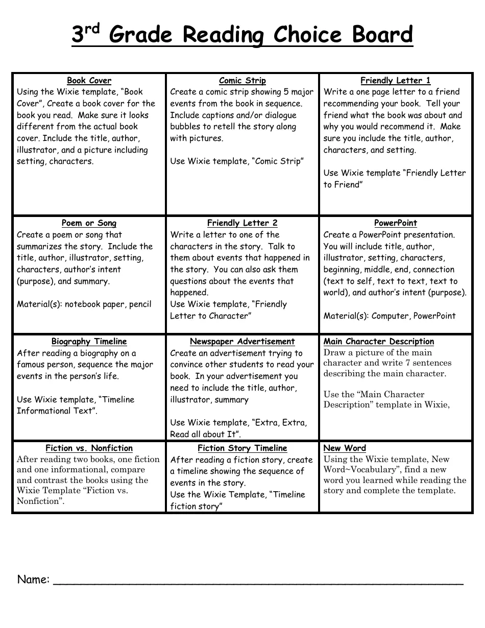 Choice Board worksheet for Pre-K students featuring fun reading activities