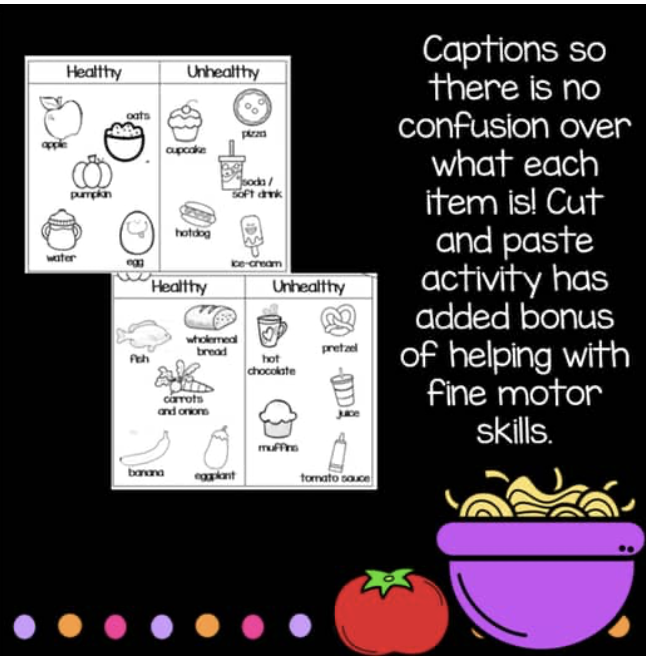 Pre-K student working on a cut and paste healthy lunch worksheet for history class