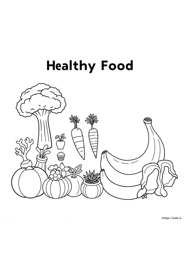 Coloring page featuring various healthy foods like fruits and vegetables for kindergarten students