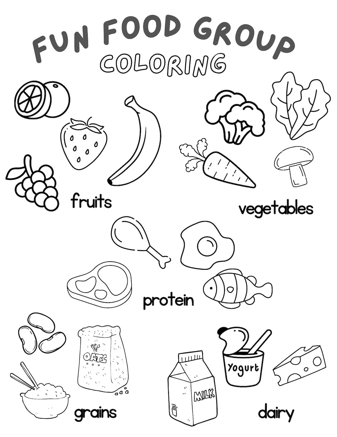 Healthy foods coloring page featuring vibrant fruits and vegetables for kids to color. Engaging worksheet to inspire healthy eating habits in kindergarten children.