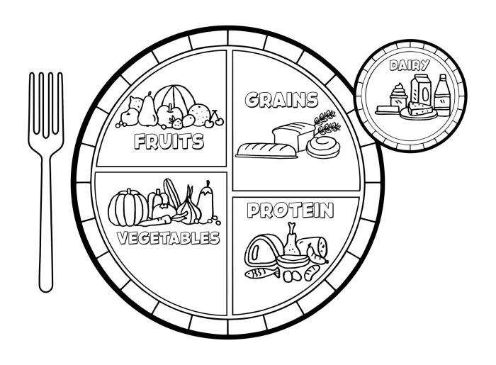 Coloring page featuring healthy fruits and vegetables for kids to inspire healthy eating habits