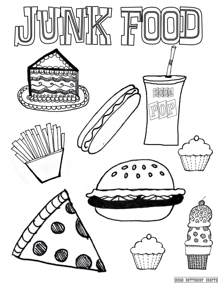 A fun and engaging healthy food coloring page featuring various fruits and vegetables for kids to color. Healthy Food Coloring Page Worksheet for Kindergarten Fractions Activity.