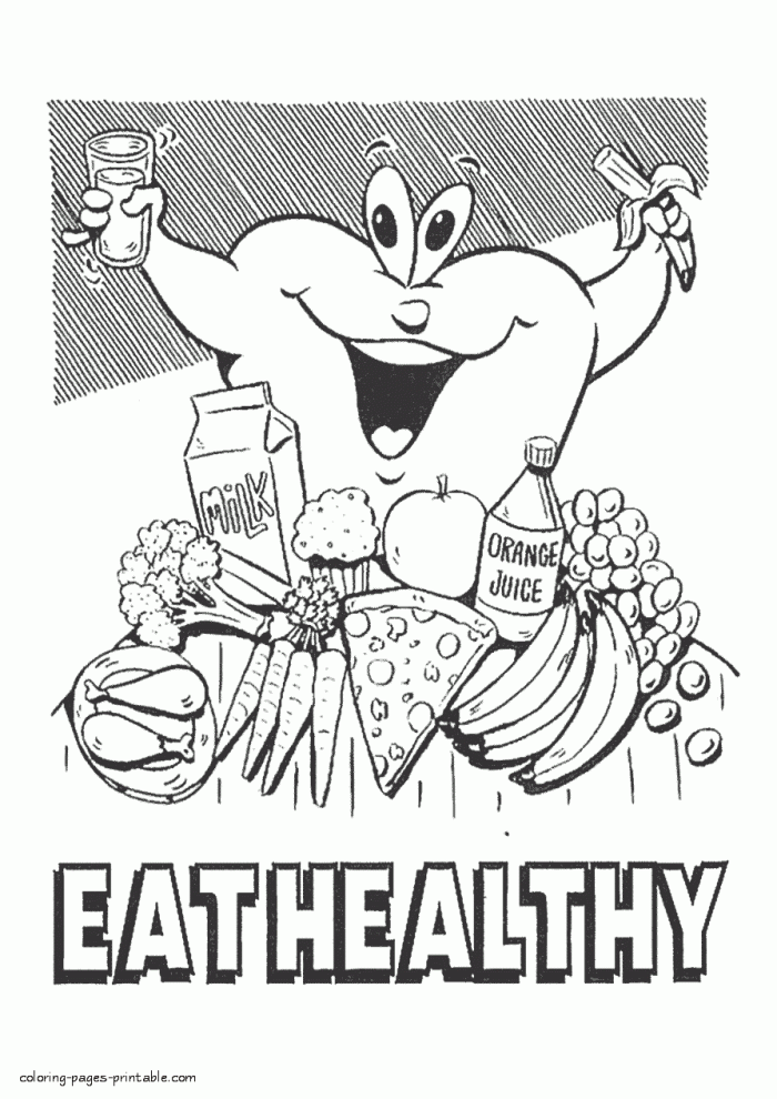Coloring page featuring healthy fruits and vegetables for kids to inspire healthy eating habits