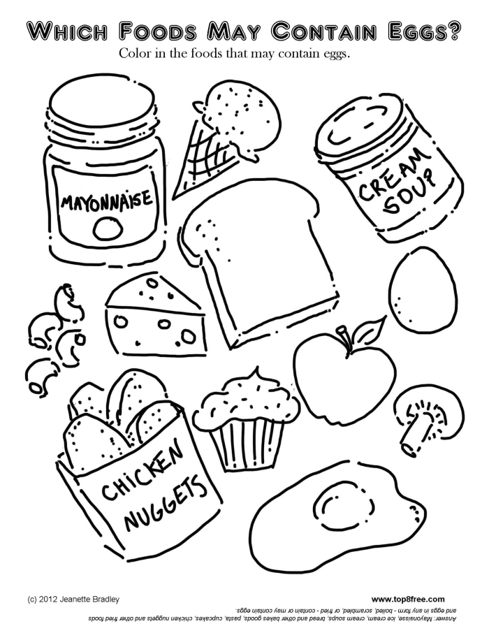 Healthy food coloring page featuring fruits and vegetables for kids to color