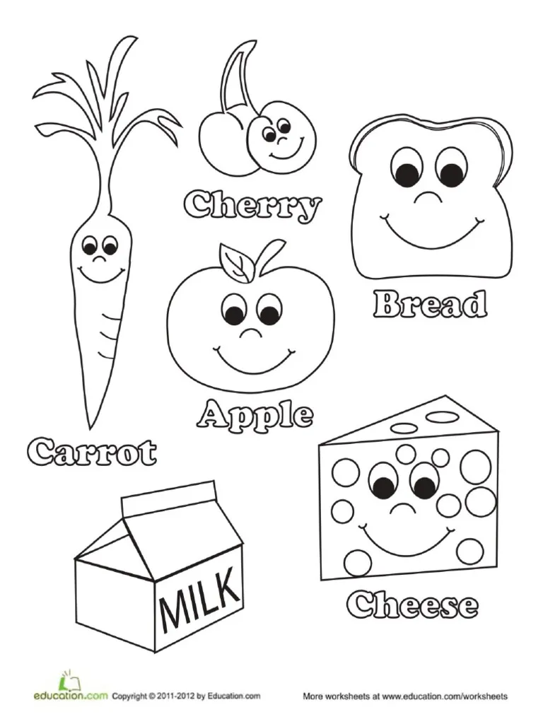 Healthy foods coloring page featuring various fruits and vegetables for kids to color