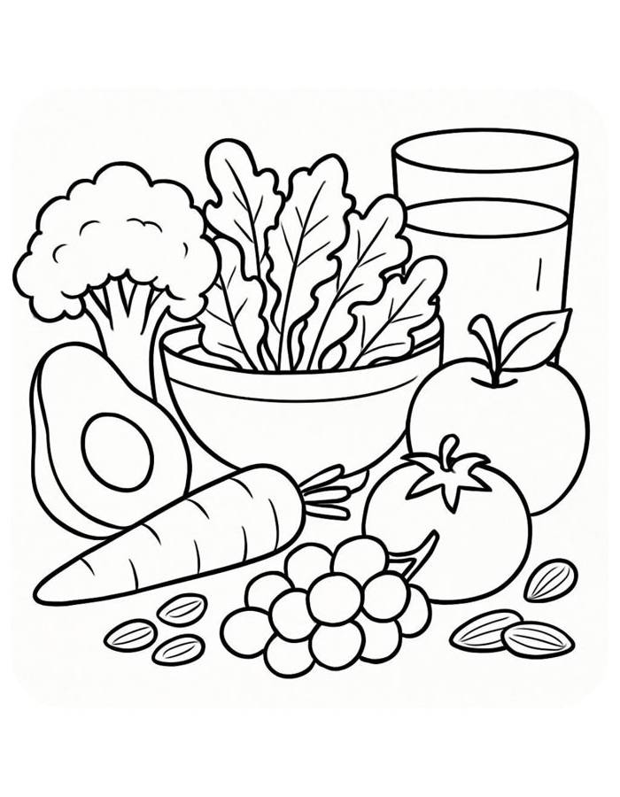 Coloring page featuring healthy fruits and vegetables for kids to inspire healthy eating habits