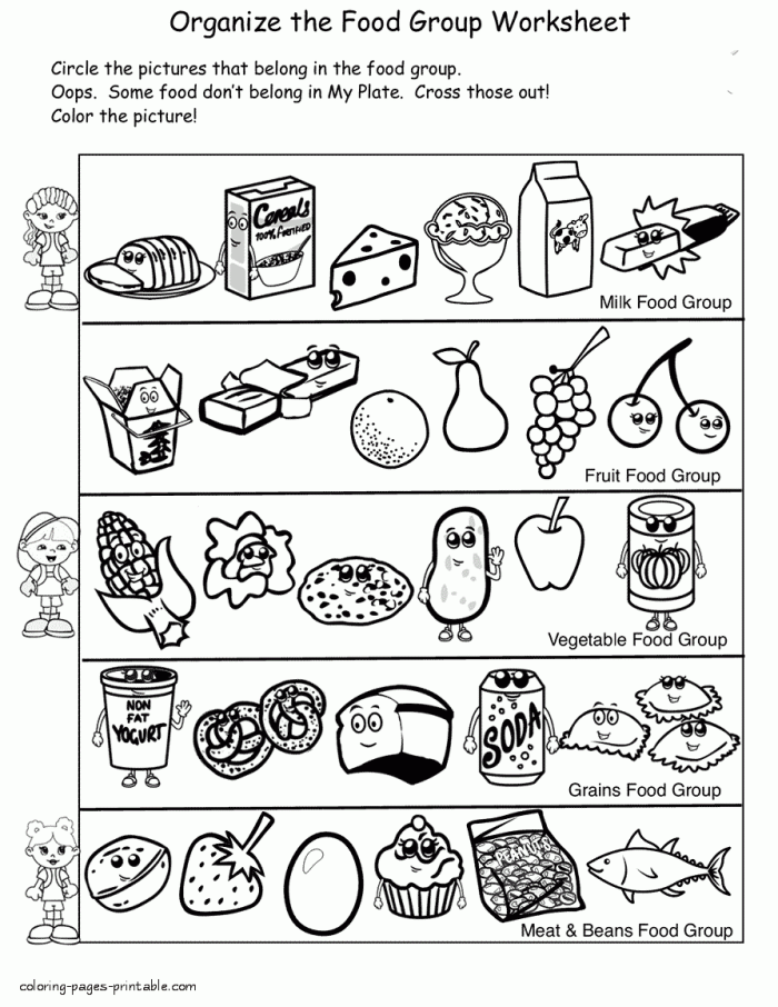Healthy foods coloring page featuring fruits and vegetables for kids to color