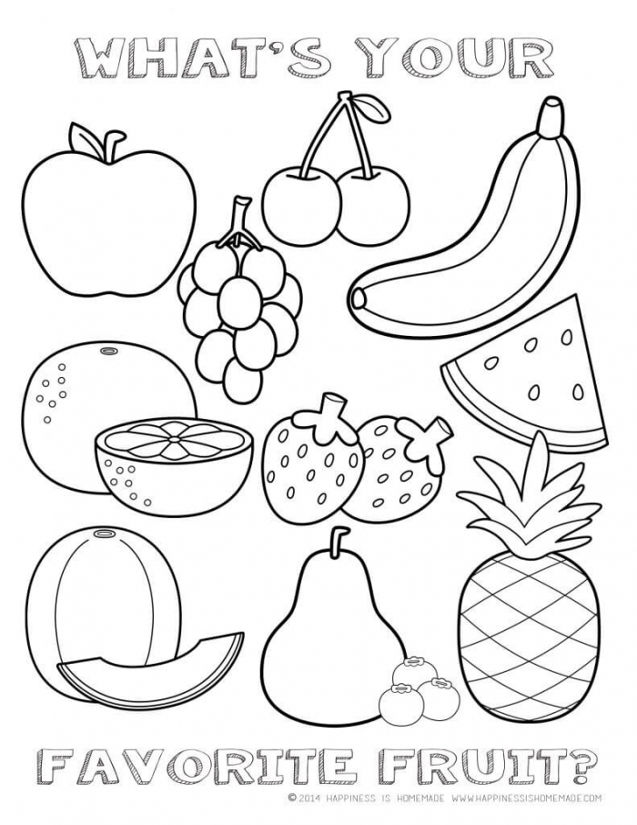 Healthy foods coloring page featuring colorful fruits and vegetables for kids