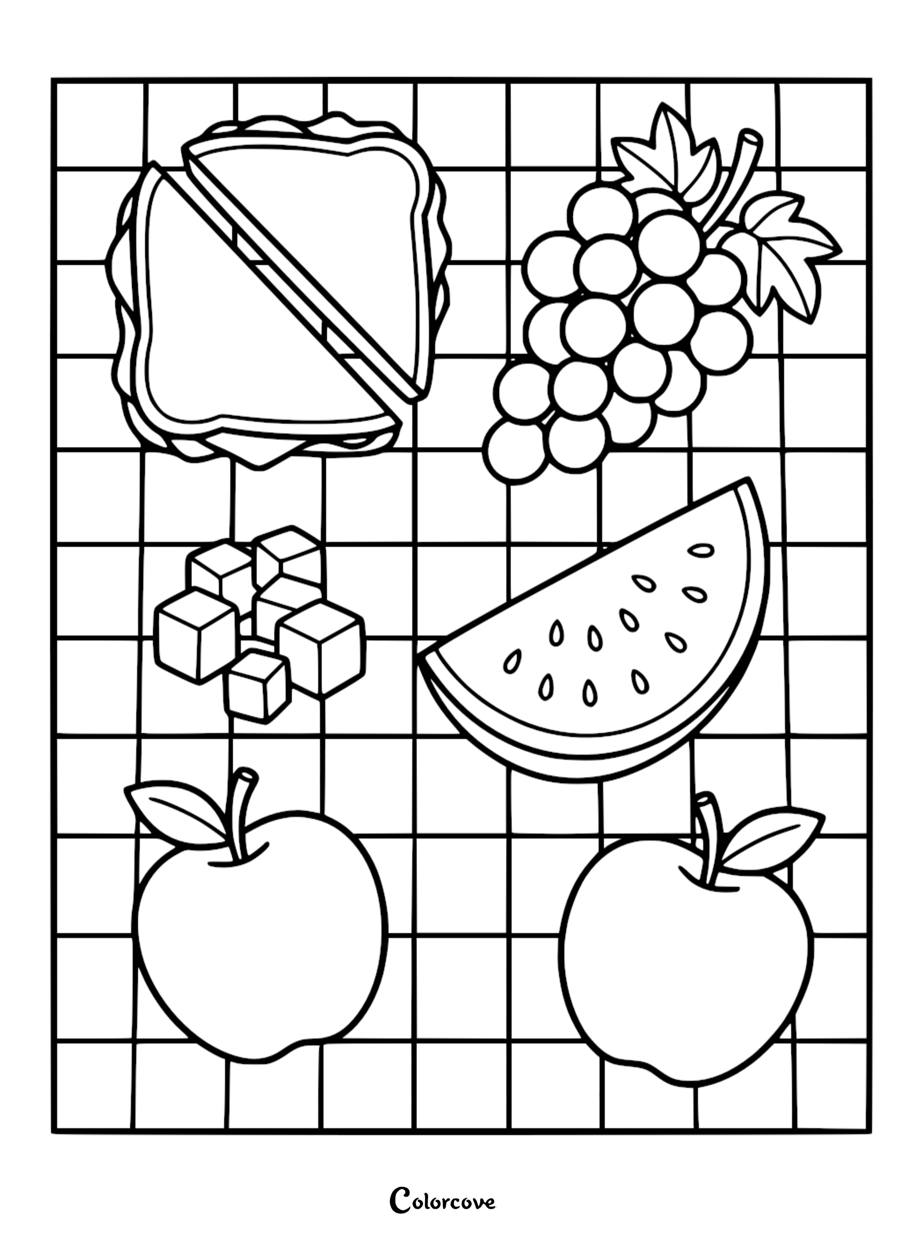 Healthy foods coloring page featuring fruits and vegetables for kids