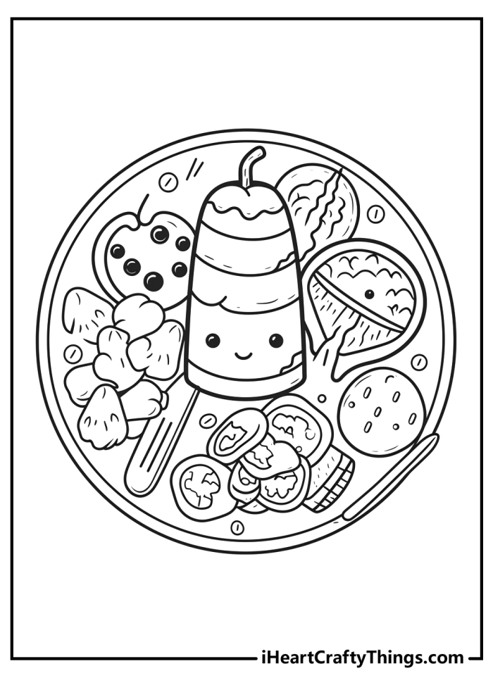 Healthy foods coloring page featuring fruits and vegetables for kids to enjoy