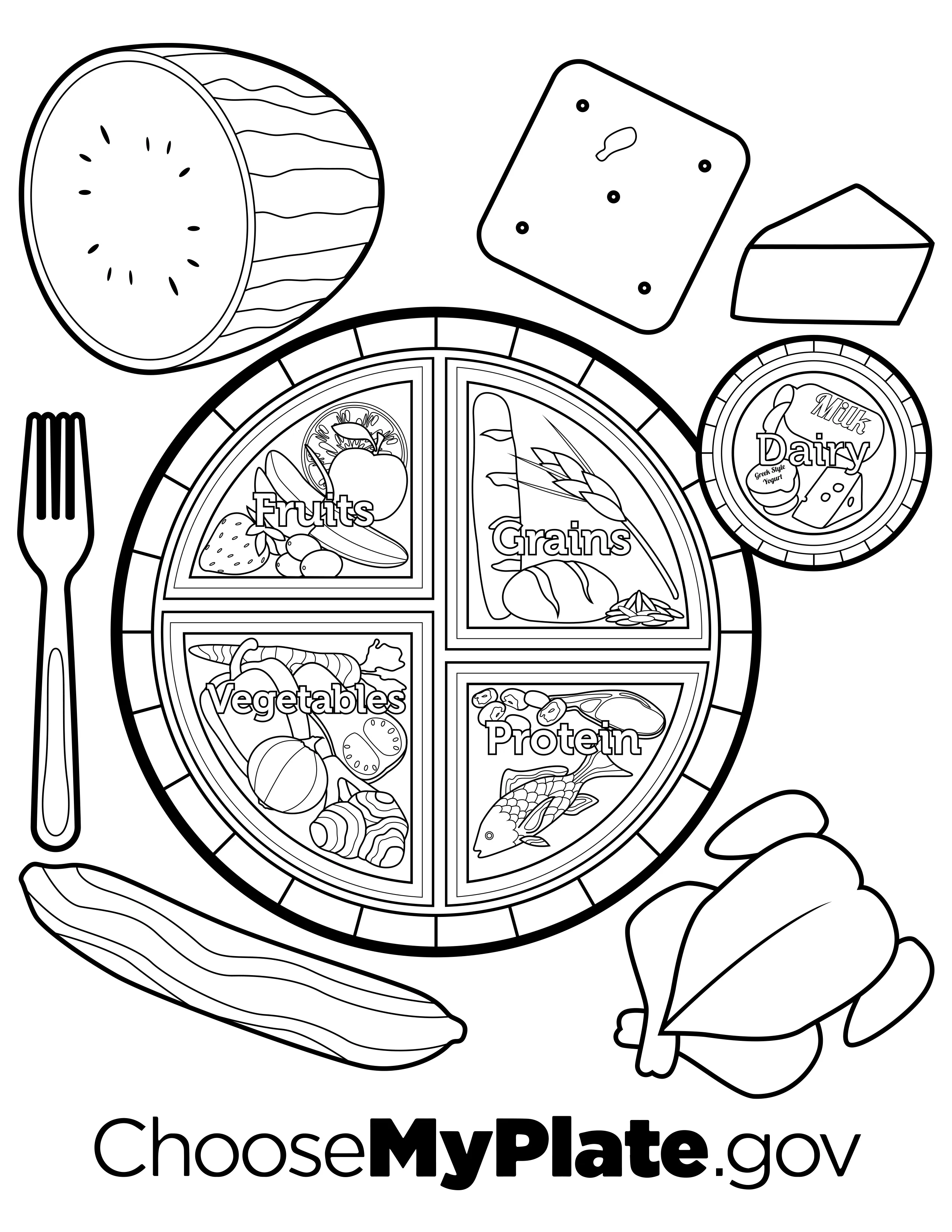 Healthy foods coloring page featuring fruits and vegetables for kindergarten kids