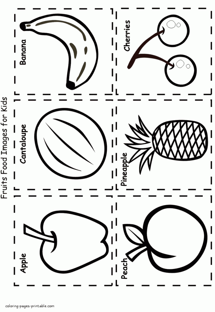 Healthy foods coloring page featuring colorful fruits and vegetables for kids to enjoy