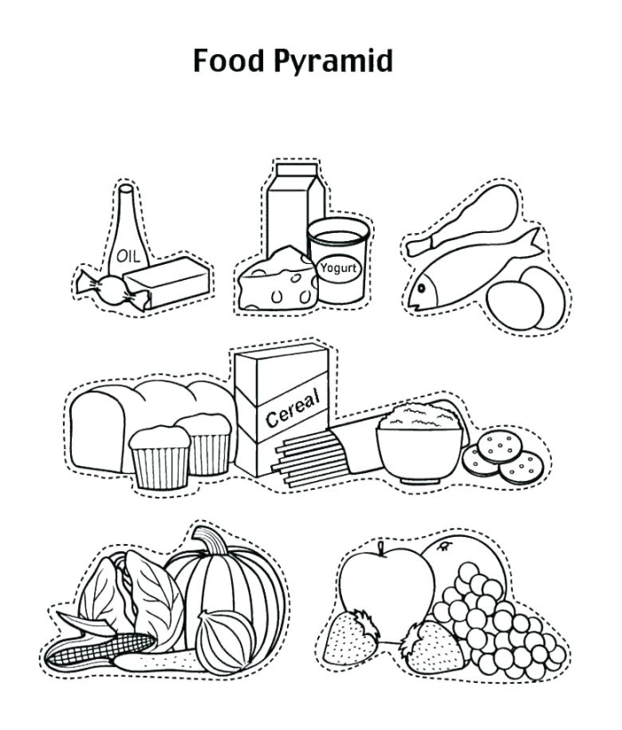 Healthy foods coloring page featuring various fruits and vegetables for kids to color