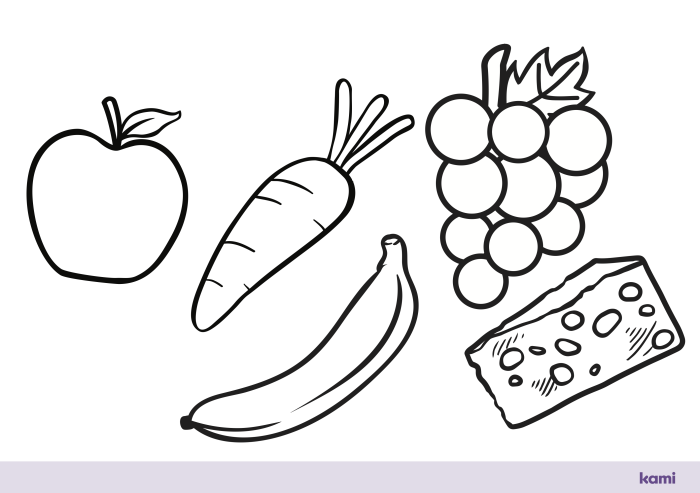 Healthy foods coloring page featuring fruits and vegetables for kids