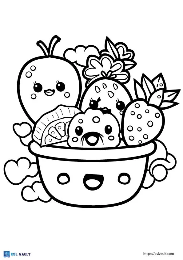 Healthy foods coloring page featuring vibrant fruits and vegetables for kids