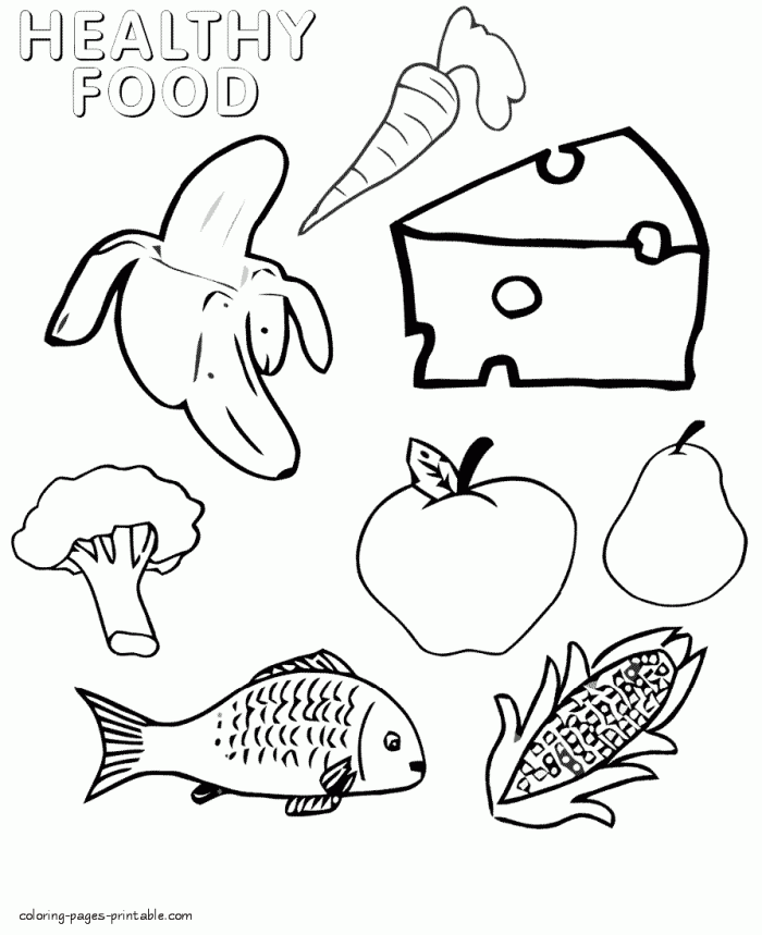 Healthy foods coloring page featuring vibrant fruits and vegetables for kids