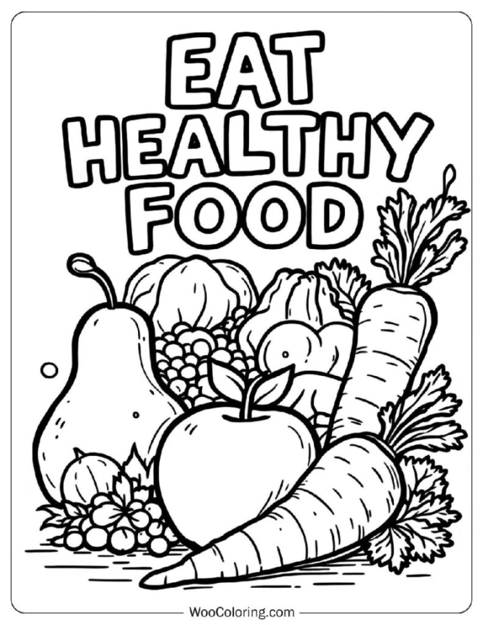 Healthy foods coloring page featuring fruits and vegetables for kindergarten students
