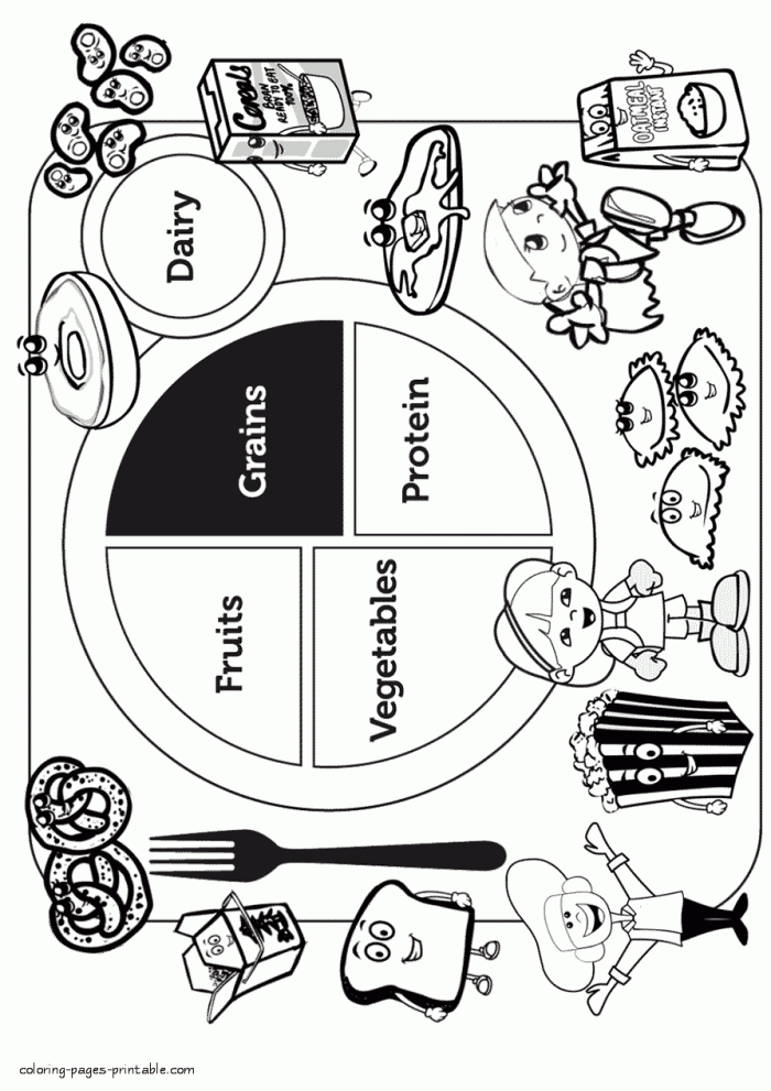Healthy foods coloring page featuring fruits and vegetables for kindergarten students