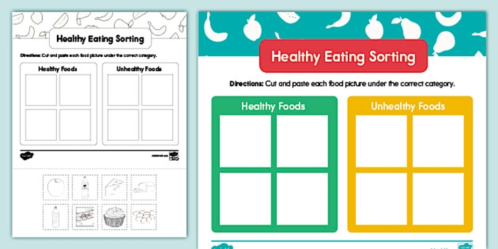 Colorful Cut and Paste Healthy Lunch worksheet for preschoolers to engage in a fun learning activity