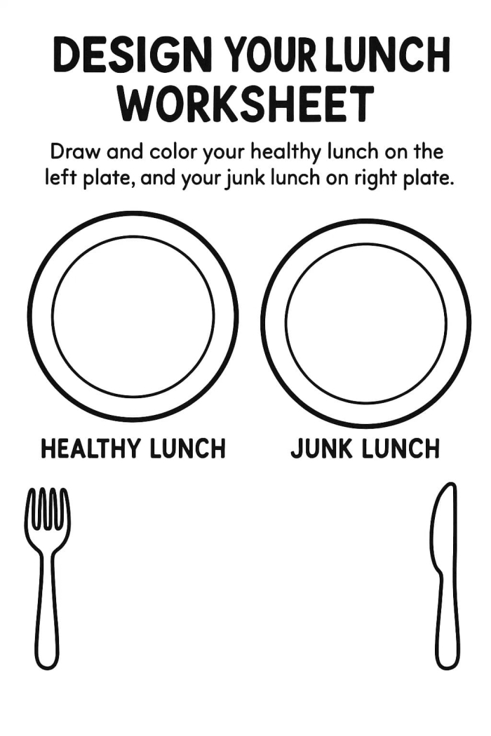 Colorful Cut and Paste worksheet for creating a healthy lunch for preschoolers