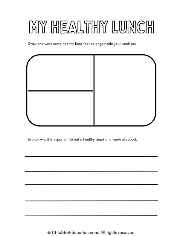 Pre-K student working on a Cut and Paste a Healthy Lunch worksheet