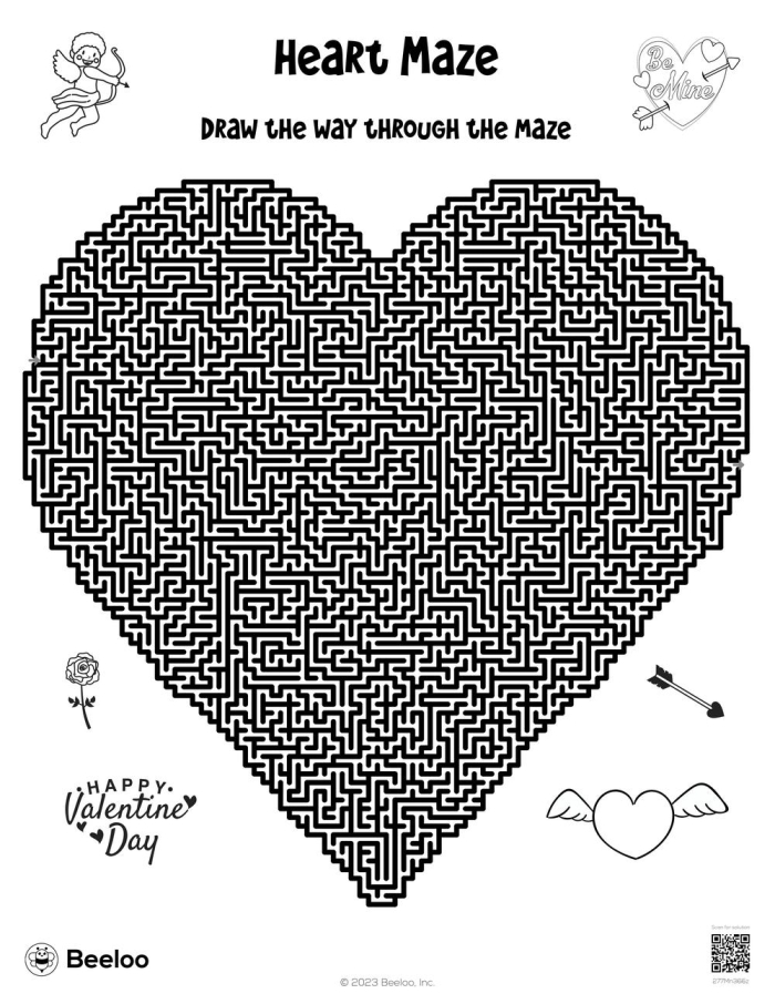 Heart Maze worksheet 20 for Valentine's Day math activities First grade student tracing a path through a heart-shaped maze for Valentine's Day division practice 20