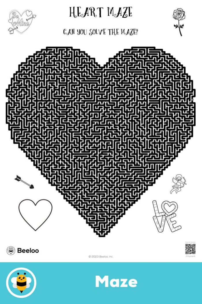 Heart Maze Worksheet 12: Valentine's Day Division Activity for First Grade First grade student navigating a heart-shaped maze puzzle by drawing a line to the center heart for Valentine's Day practice