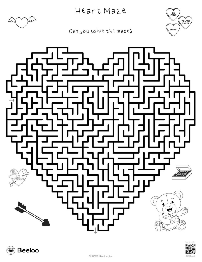 Heart Maze Puzzle 22 - Valentine's Day Division Worksheet for First Grade First grade students navigate a heart-shaped maze puzzle by drawing a line to reach the small heart in the center for this Valentine's Day activity