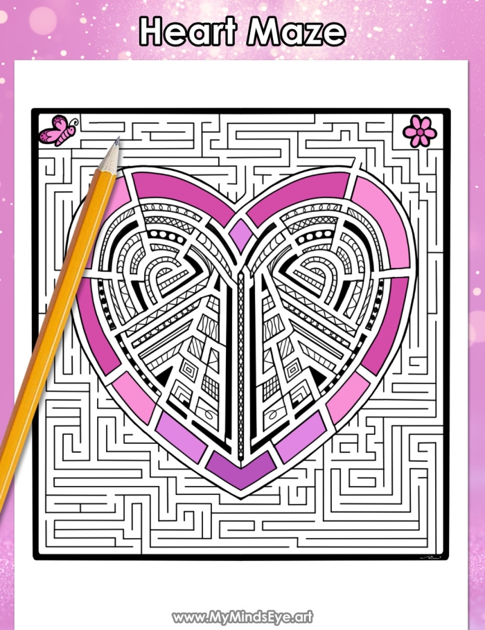 Heart Maze Puzzle 18 - Valentine's Day Division Worksheet for First Grade First grade student navigating a red heart-shaped maze puzzle with a path leading to a small heart in the center for Valentine's Day practice