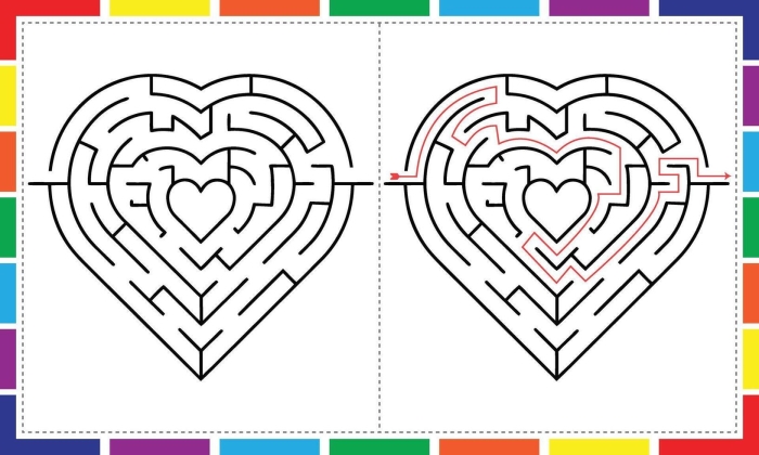 Heart Maze Division Worksheet Number Seven First grade students tracing a path through a heart-shaped maze for Valentine's Day math practice