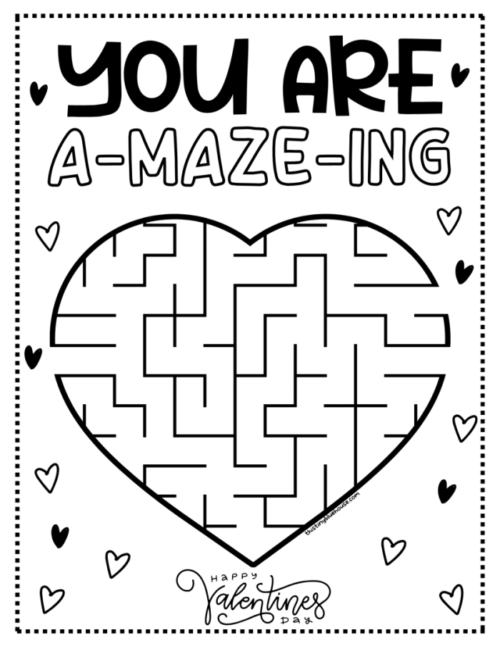 Heart Maze Puzzle 16: Valentine's Day Division Activity for Young Learners First grade student navigating a pink heart-shaped maze with a pencil line leading to a small heart in the center for Valentine's Day practice