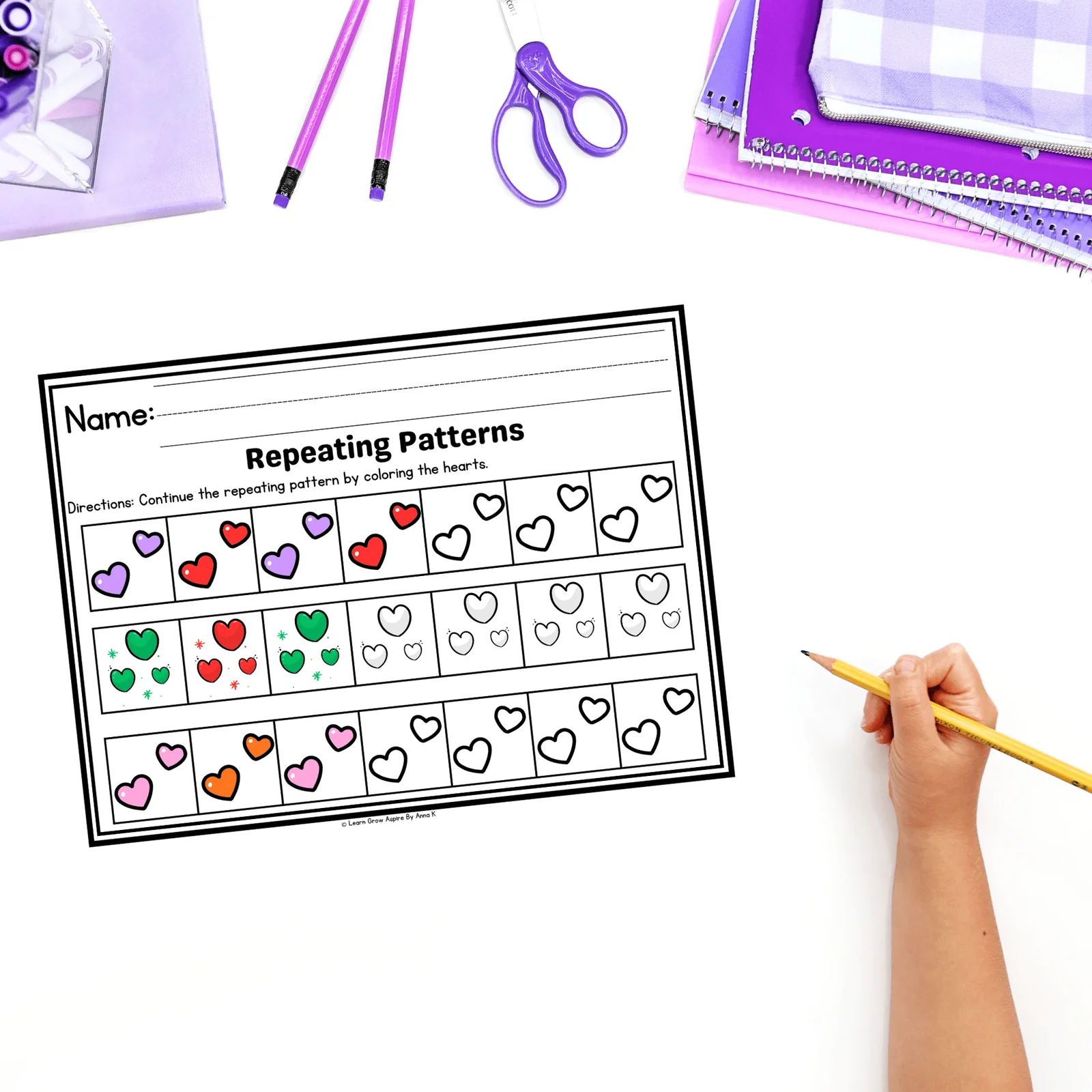 Heart pattern worksheet designed for second graders to enhance math skills during Valentine's Day. Engaging numeric patterns activity for kids celebrating Valentine's Day.