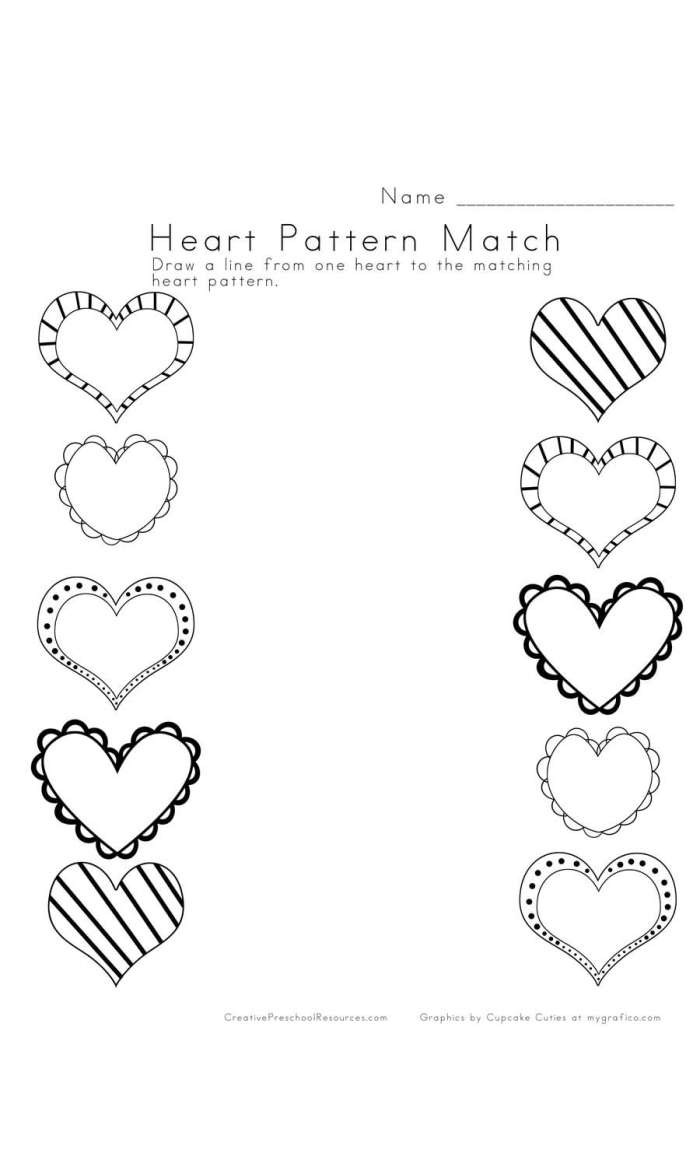 Heart pattern worksheet for practicing math skills on Valentine's Day for second graders