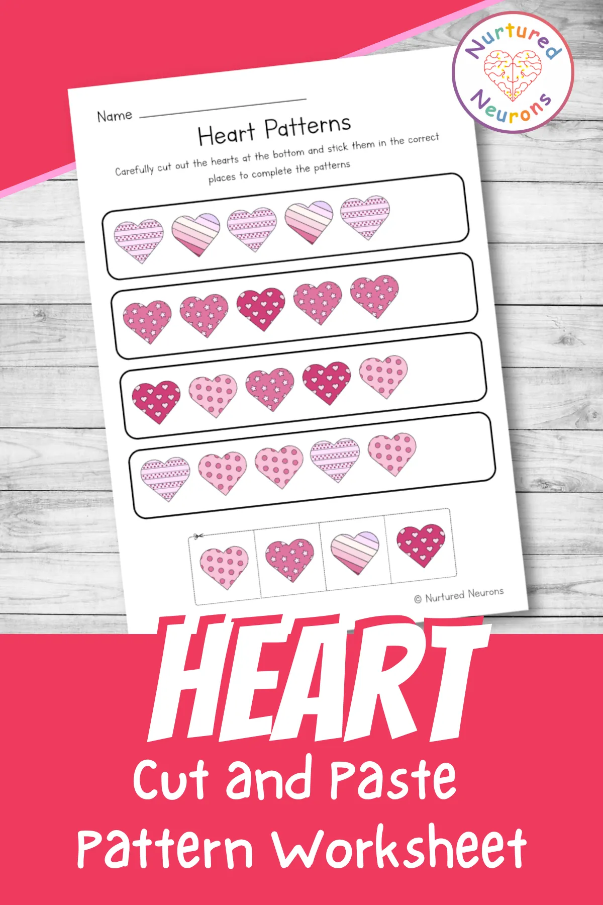 Heart pattern worksheet for second graders focusing on numeric patterns for Valentine's Day