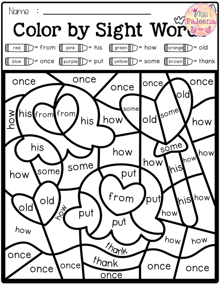Hearts Color by Sight Word worksheet for beginning readers to practice word recognition page 19 Kindergarten student coloring hearts with sight words for reading practice activity page 19