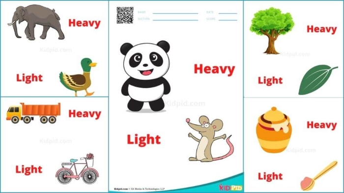 Pre-K printable worksheet about comparing heavy and light objects for early weight measurement practice
