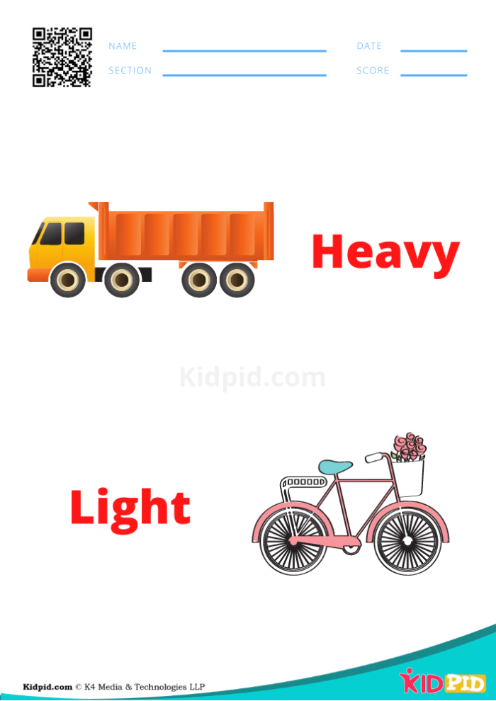 Preschooler learning to identify heavy and light objects on a printable math activity sheet